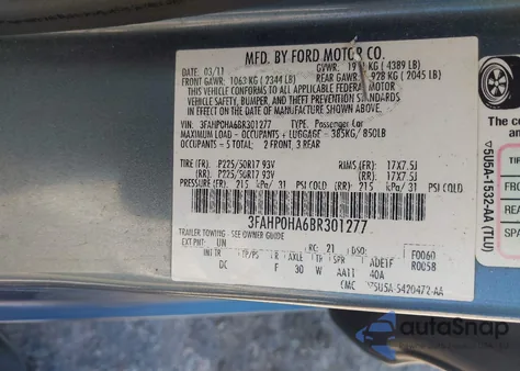 2011 Ford Fusion Se из США, поврежденный, VIN 3FAHP0HA6BR301277